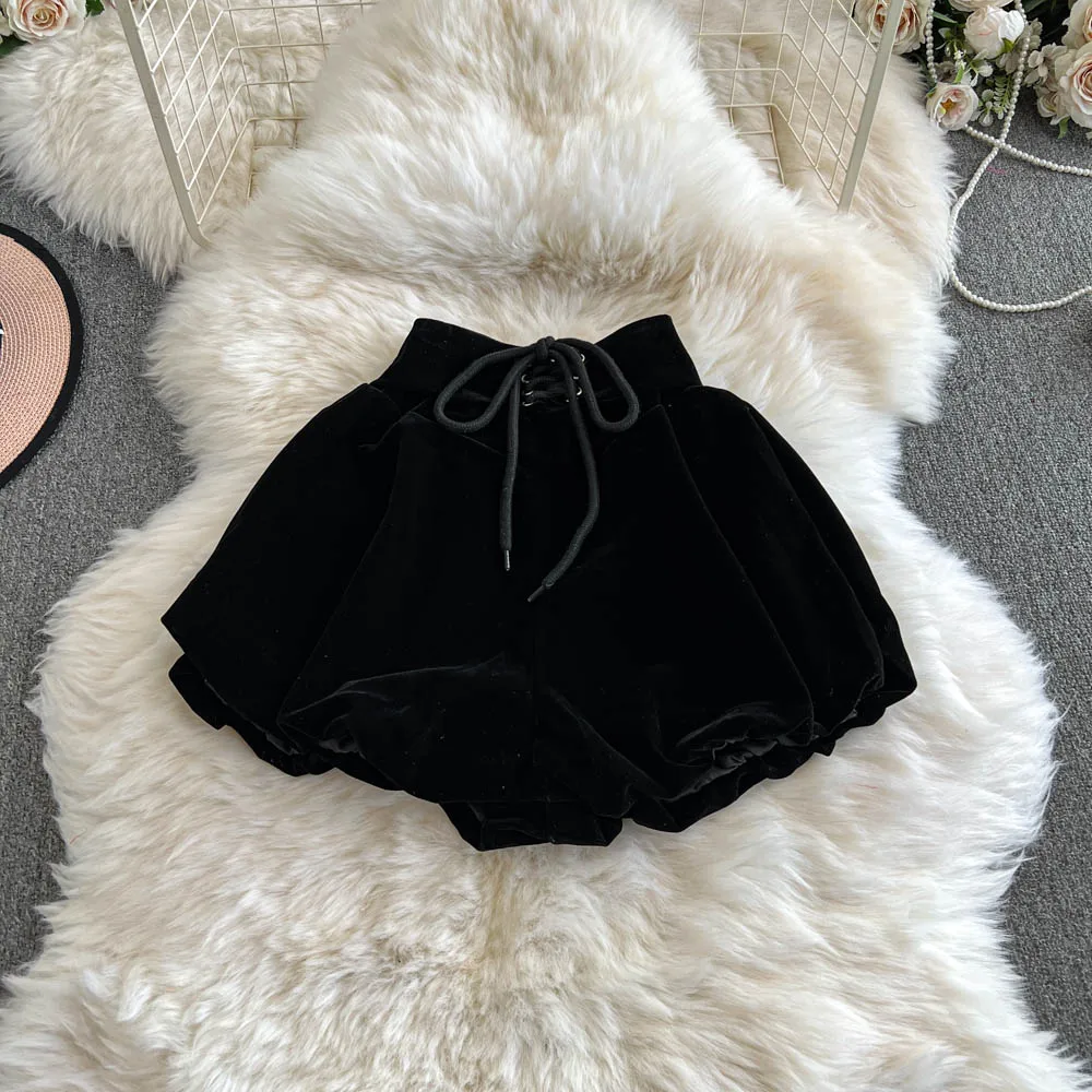 High Waist Black Women Shorts 2025 New Bottoms Bandage Fashion Sweet Black Booty Shorts Cute Velvet Pantalones Cortos De Mujer