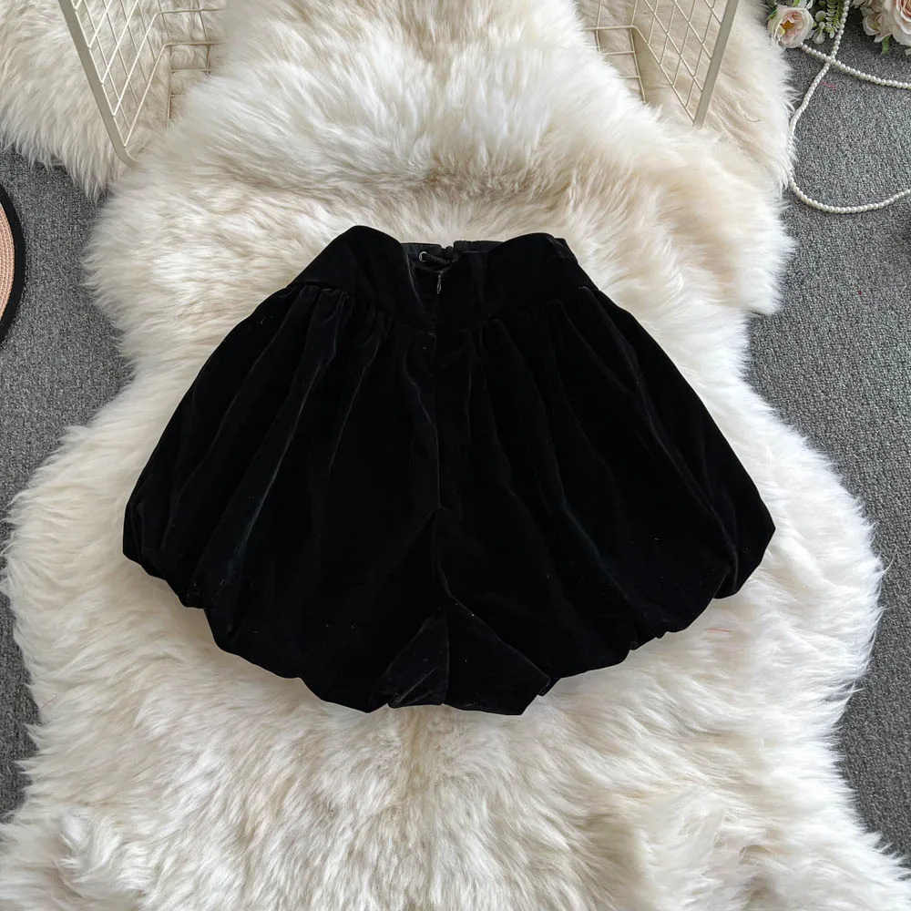 High Waist Black Women Shorts 2025 New Bottoms Bandage Fashion Sweet Black Booty Shorts Cute Velvet Pantalones Cortos De Mujer