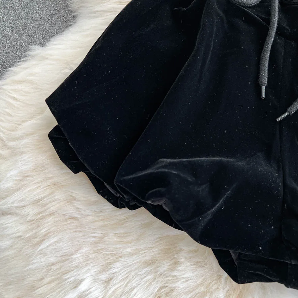 High Waist Black Women Shorts 2025 New Bottoms Bandage Fashion Sweet Black Booty Shorts Cute Velvet Pantalones Cortos De Mujer