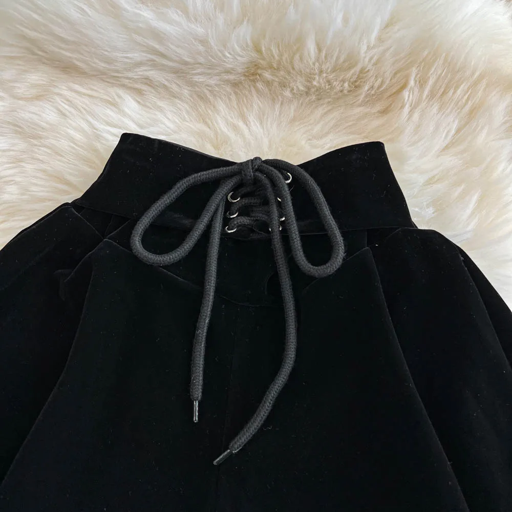 High Waist Black Women Shorts 2025 New Bottoms Bandage Fashion Sweet Black Booty Shorts Cute Velvet Pantalones Cortos De Mujer