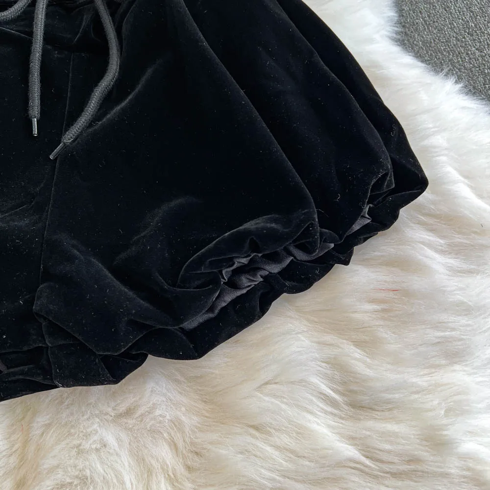 High Waist Black Women Shorts 2025 New Bottoms Bandage Fashion Sweet Black Booty Shorts Cute Velvet Pantalones Cortos De Mujer