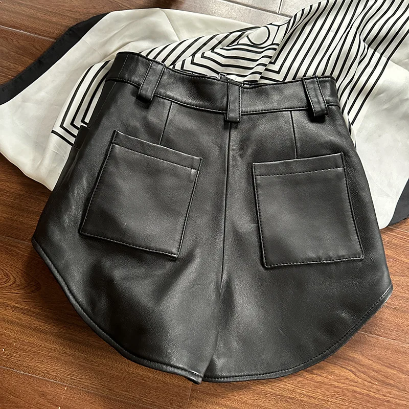 Super Short Sheepskin Shorts for Women Fashion High Street High-Waisted Zipper Design Skinny Package Hip Real Leather Shorts
