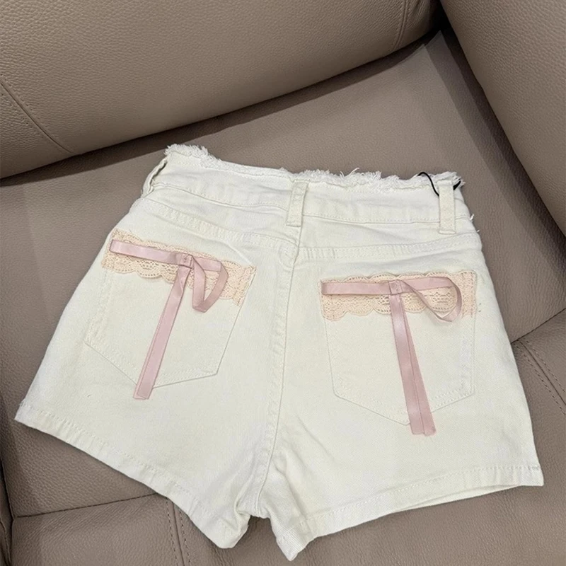 MEXZT Kawaii Bow Denim Shorts Women Cutecore White Lace Short Jeans Summer Fashion Streetwear Korean High Waist Hot Short Pants