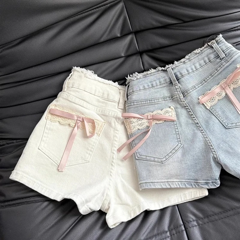 MEXZT Kawaii Bow Denim Shorts Women Cutecore White Lace Short Jeans Summer Fashion Streetwear Korean High Waist Hot Short Pants