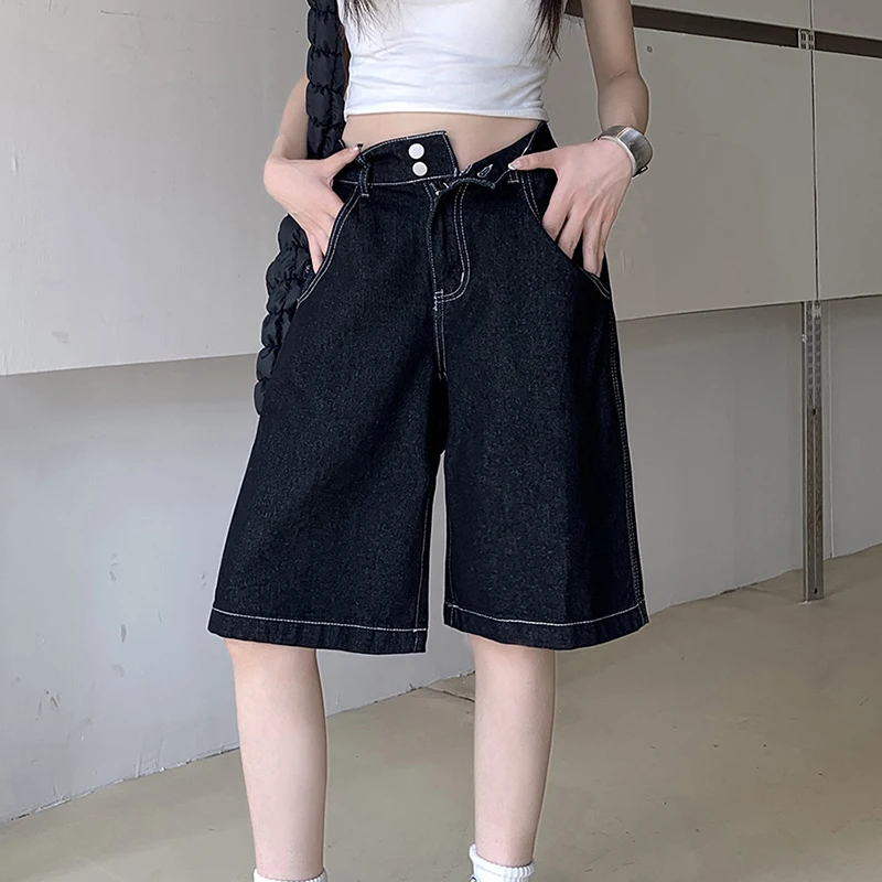 Y2K Vintage Baggy Jeans Shorts Women Streetwear High Waist Oversized Denim Pants Women Summer Harajuku Mid Long Wide Leg Pants