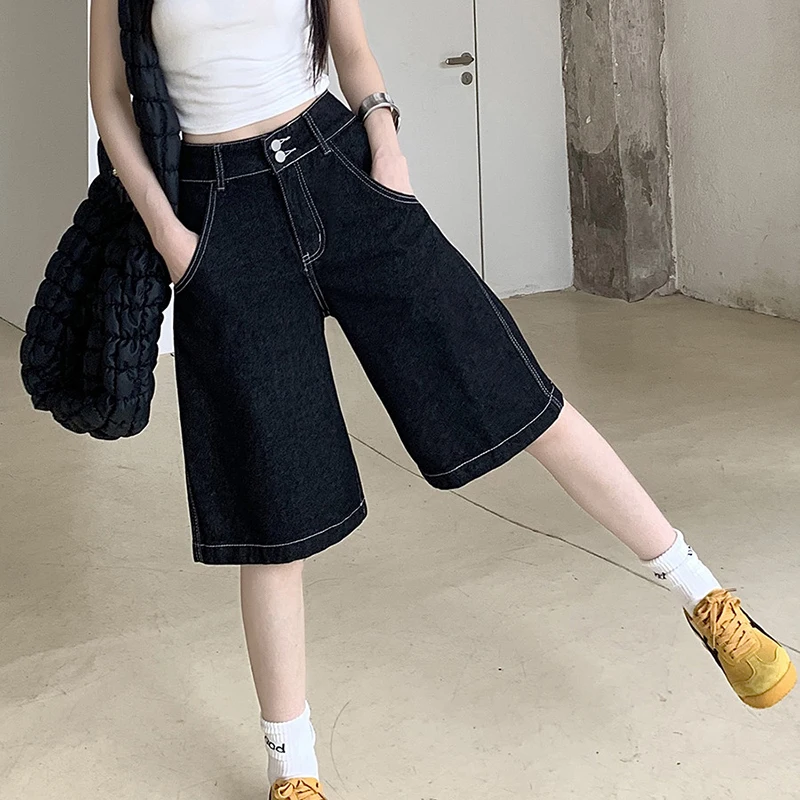 Y2K Vintage Baggy Jeans Shorts Women Streetwear High Waist Oversized Denim Pants Women Summer Harajuku Mid Long Wide Leg Pants