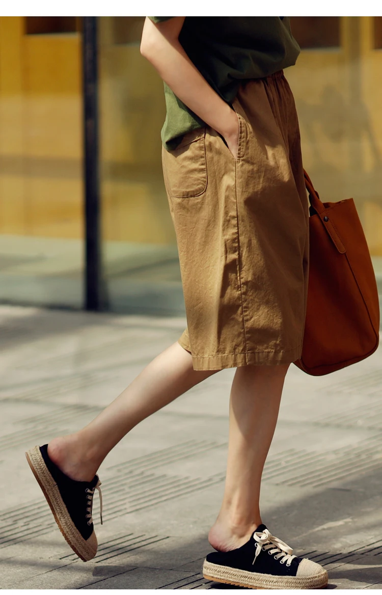 MICOCO K8198C Leisure and comfortable washed cotton tensioned waist five thin wide leg shorts for women