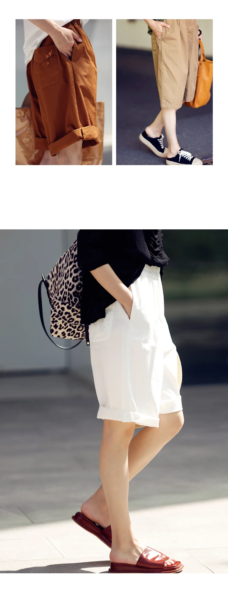 MICOCO K8198C Leisure and comfortable washed cotton tensioned waist five thin wide leg shorts for women