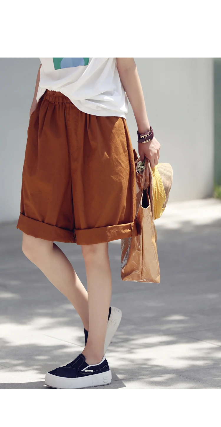 MICOCO K8198C Leisure and comfortable washed cotton tensioned waist five thin wide leg shorts for women