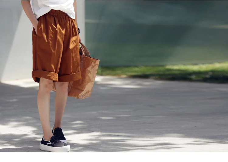 MICOCO K8198C Leisure and comfortable washed cotton tensioned waist five thin wide leg shorts for women