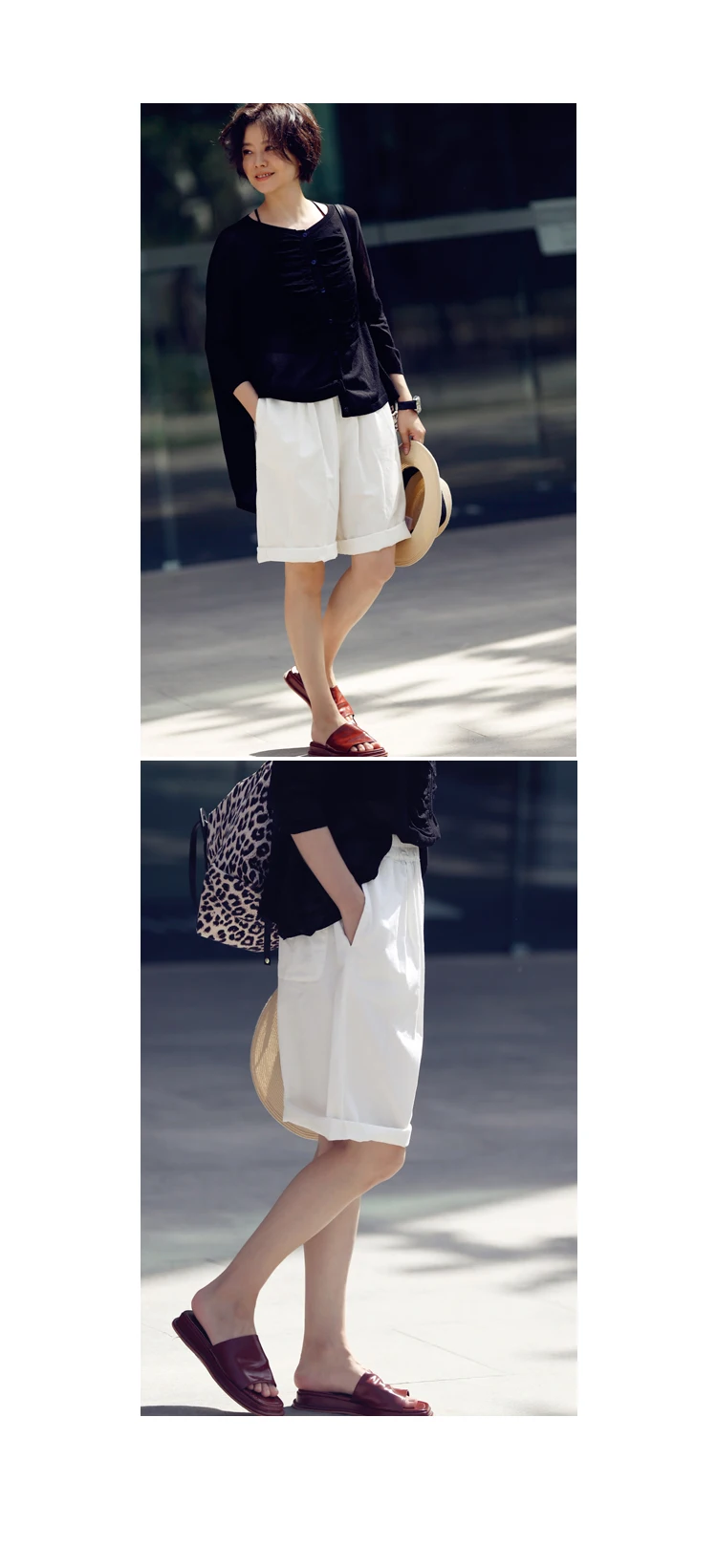 MICOCO K8198C Leisure and comfortable washed cotton tensioned waist five thin wide leg shorts for women