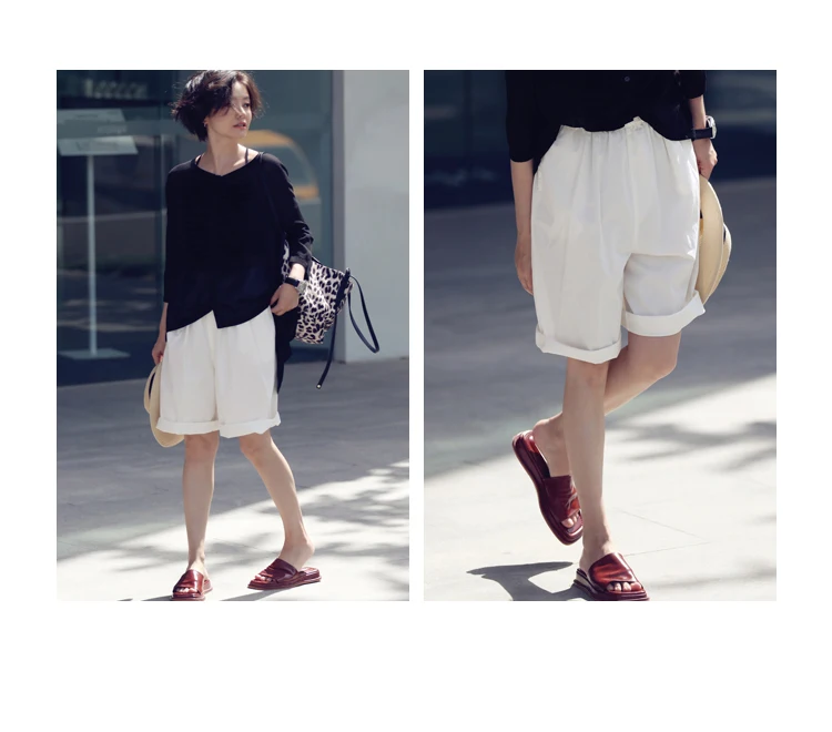 MICOCO K8198C Leisure and comfortable washed cotton tensioned waist five thin wide leg shorts for women