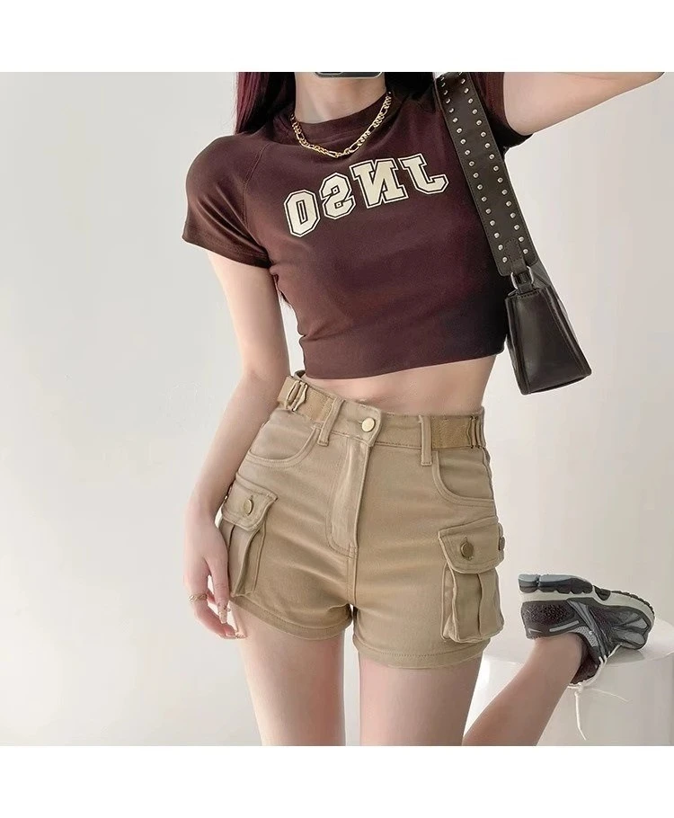 JOEVILU Women Military Green Denim Cargo Shorts Summer High Waisted Loose Wide Leg Y2K Hot Girl Casual Short Pants with Pockets