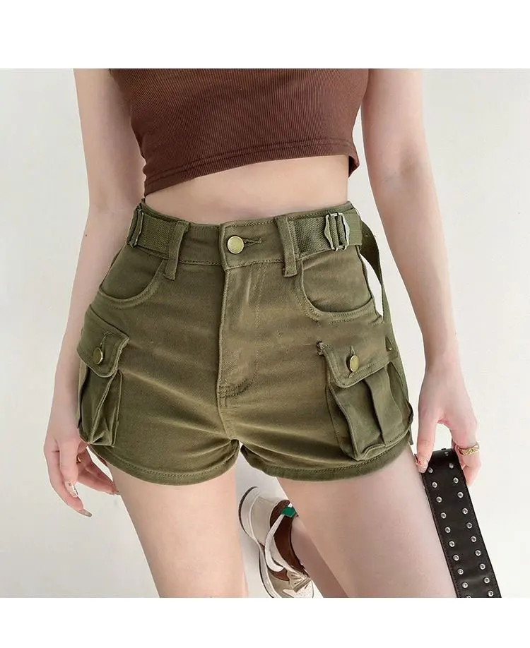 JOEVILU Women Military Green Denim Cargo Shorts Summer High Waisted Loose Wide Leg Y2K Hot Girl Casual Short Pants with Pockets