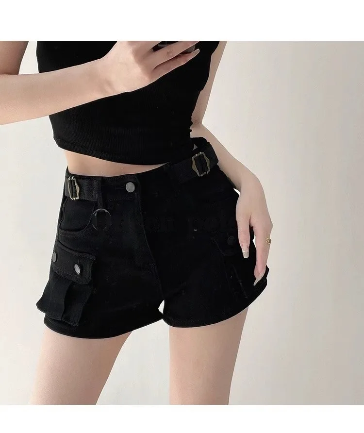 JOEVILU Women Military Green Denim Cargo Shorts Summer High Waisted Loose Wide Leg Y2K Hot Girl Casual Short Pants with Pockets