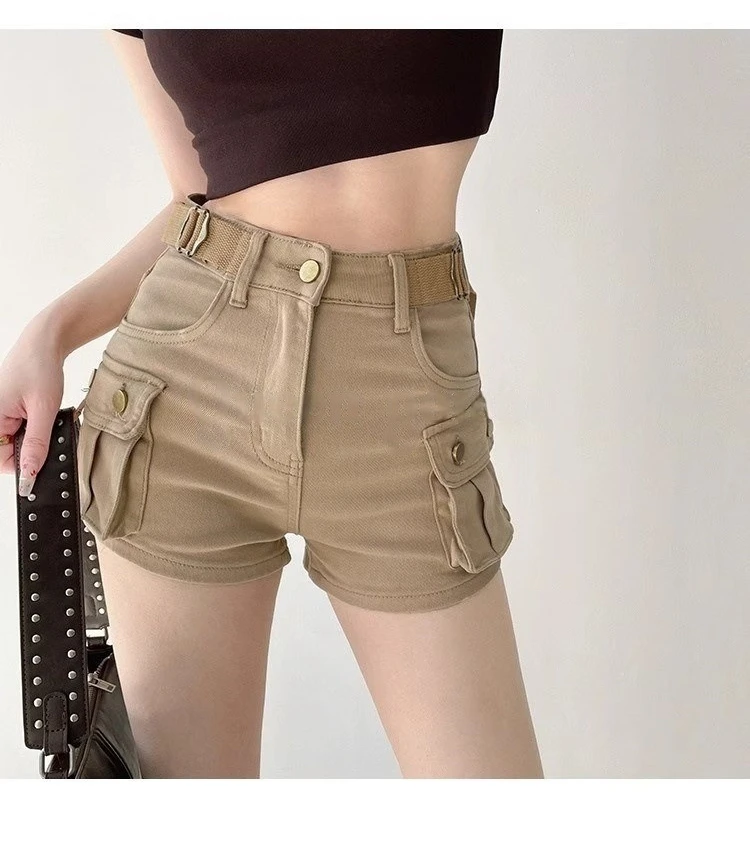JOEVILU Women Military Green Denim Cargo Shorts Summer High Waisted Loose Wide Leg Y2K Hot Girl Casual Short Pants with Pockets