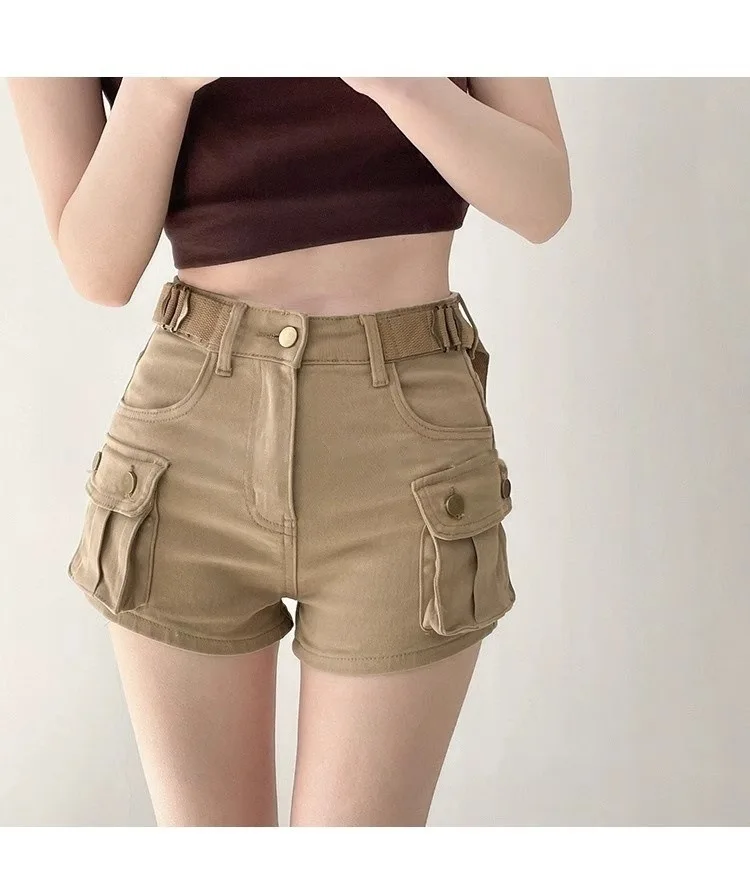 JOEVILU Women Military Green Denim Cargo Shorts Summer High Waisted Loose Wide Leg Y2K Hot Girl Casual Short Pants with Pockets