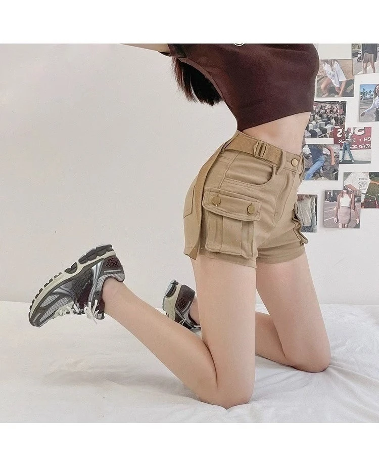 JOEVILU Women Military Green Denim Cargo Shorts Summer High Waisted Loose Wide Leg Y2K Hot Girl Casual Short Pants with Pockets