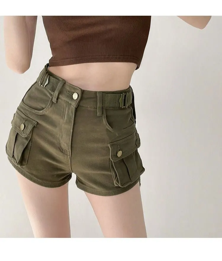 JOEVILU Women Military Green Denim Cargo Shorts Summer High Waisted Loose Wide Leg Y2K Hot Girl Casual Short Pants with Pockets