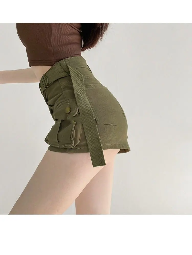 JOEVILU Women Military Green Denim Cargo Shorts Summer High Waisted Loose Wide Leg Y2K Hot Girl Casual Short Pants with Pockets