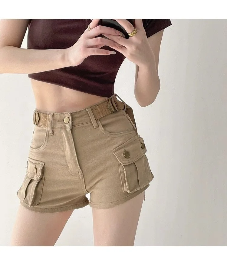 JOEVILU Women Military Green Denim Cargo Shorts Summer High Waisted Loose Wide Leg Y2K Hot Girl Casual Short Pants with Pockets