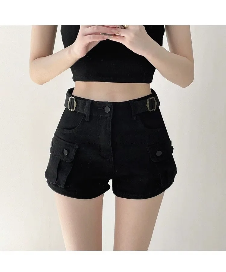 JOEVILU Women Military Green Denim Cargo Shorts Summer High Waisted Loose Wide Leg Y2K Hot Girl Casual Short Pants with Pockets