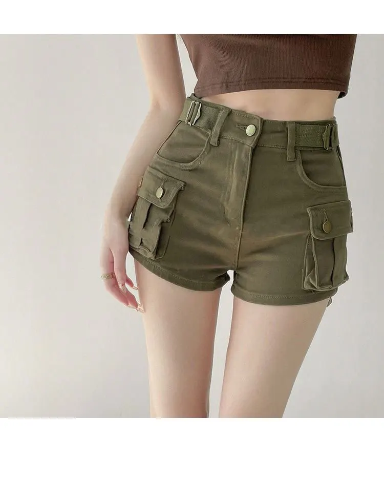 JOEVILU Women Military Green Denim Cargo Shorts Summer High Waisted Loose Wide Leg Y2K Hot Girl Casual Short Pants with Pockets