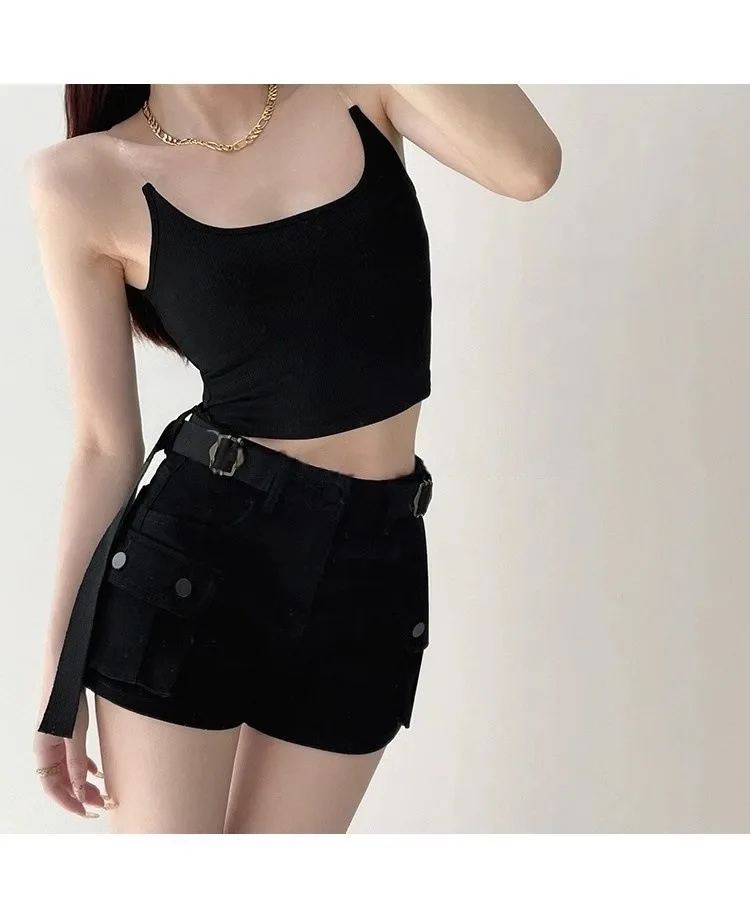 JOEVILU Women Military Green Denim Cargo Shorts Summer High Waisted Loose Wide Leg Y2K Hot Girl Casual Short Pants with Pockets