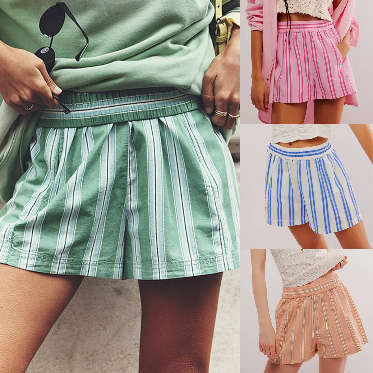 Summer Striped Beach Casual Shorts Women Elastic High Waist Loose Short Pants Pockets Lady Fashion Streetwear Shorts For Girls