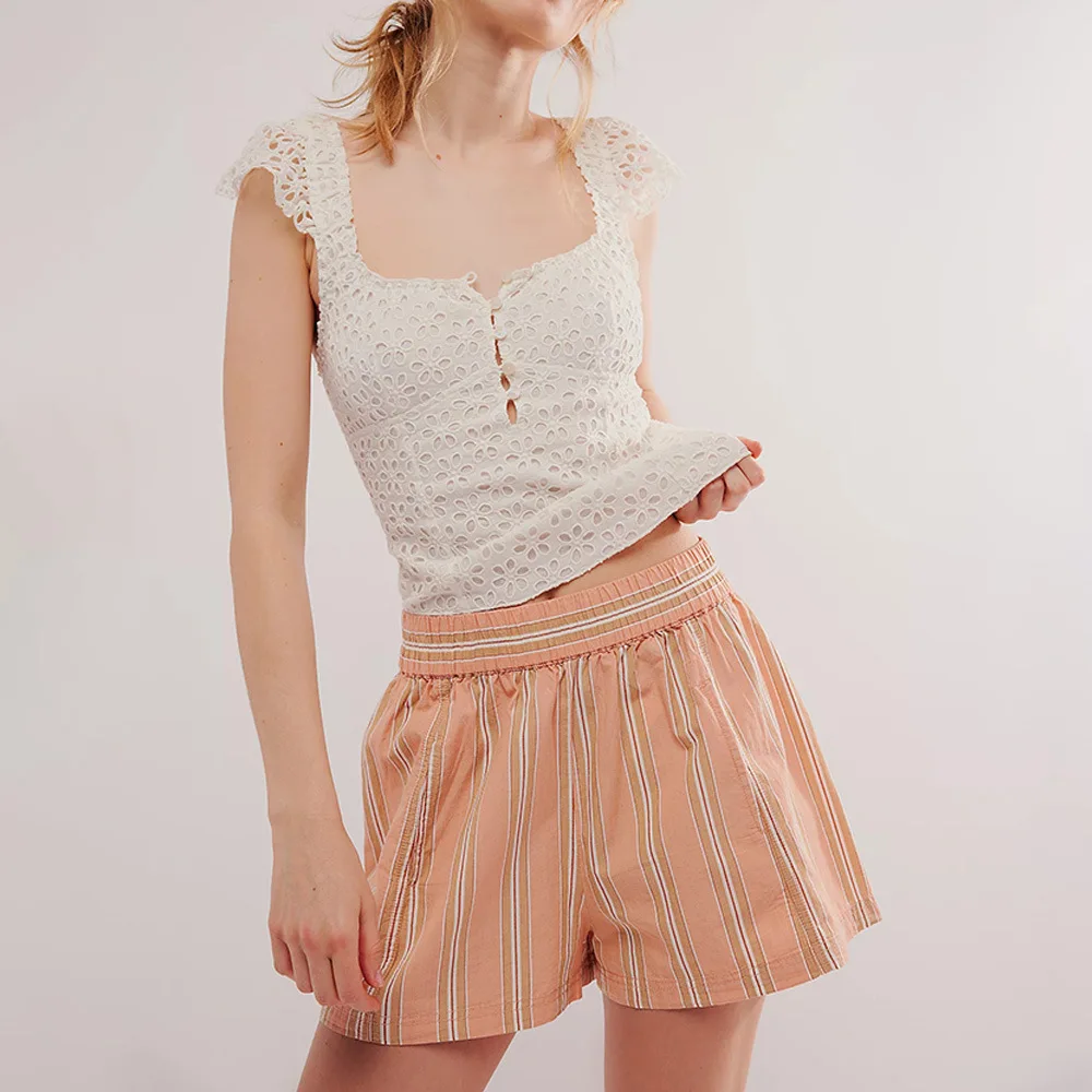 Summer Striped Beach Casual Shorts Women Elastic High Waist Loose Short Pants Pockets Lady Fashion Streetwear Shorts For Girls
