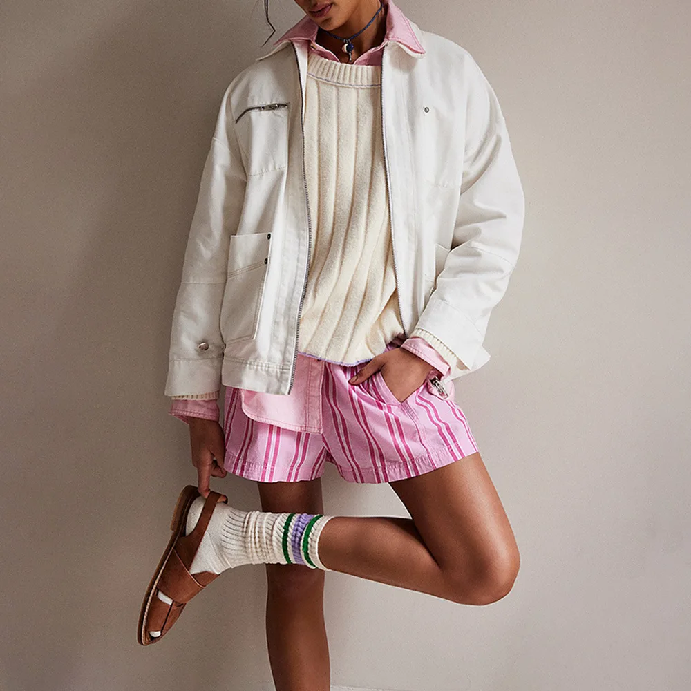 Summer Striped Beach Casual Shorts Women Elastic High Waist Loose Short Pants Pockets Lady Fashion Streetwear Shorts For Girls