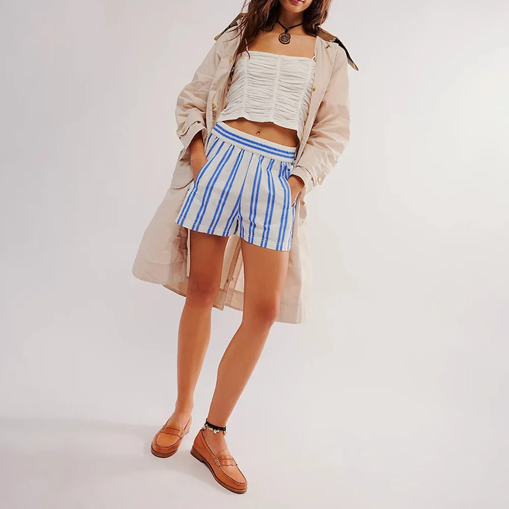 Summer Striped Beach Casual Shorts Women Elastic High Waist Loose Short Pants Pockets Lady Fashion Streetwear Shorts For Girls