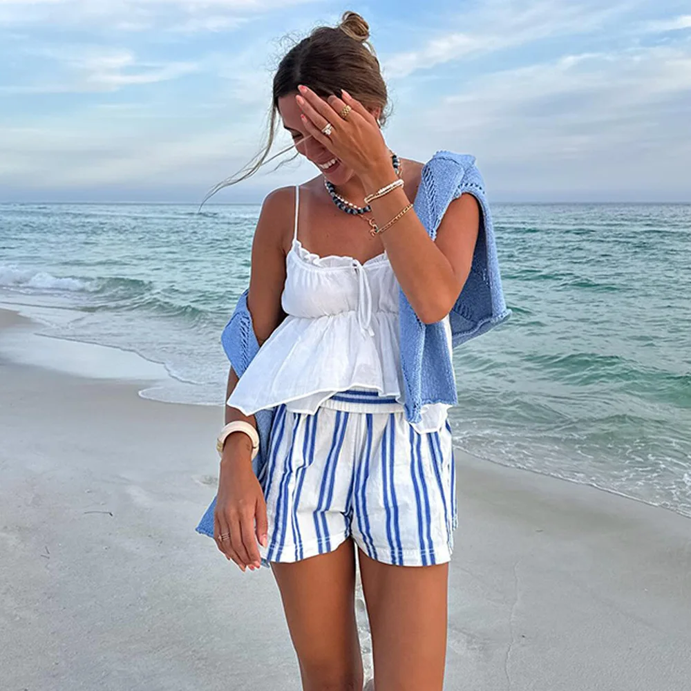 Summer Striped Beach Casual Shorts Women Elastic High Waist Loose Short Pants Pockets Lady Fashion Streetwear Shorts For Girls
