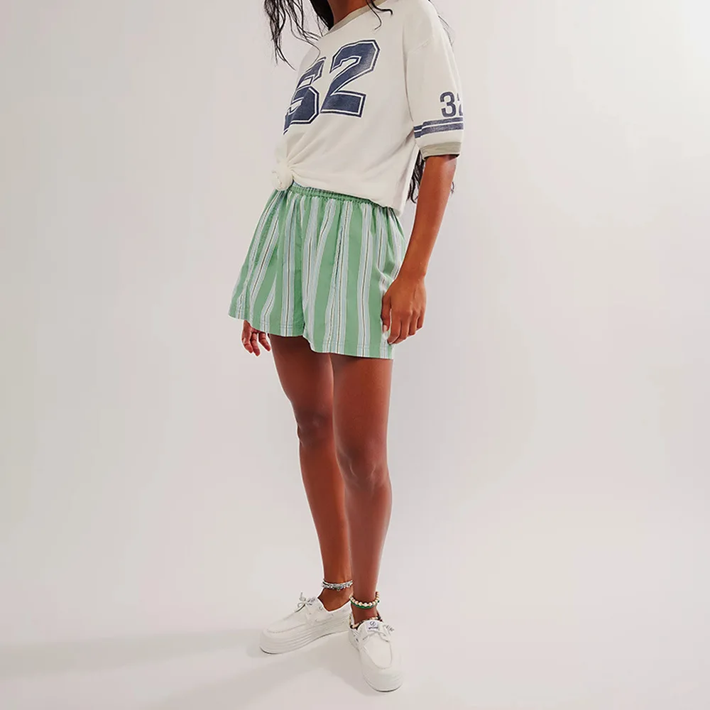 Summer Striped Beach Casual Shorts Women Elastic High Waist Loose Short Pants Pockets Lady Fashion Streetwear Shorts For Girls