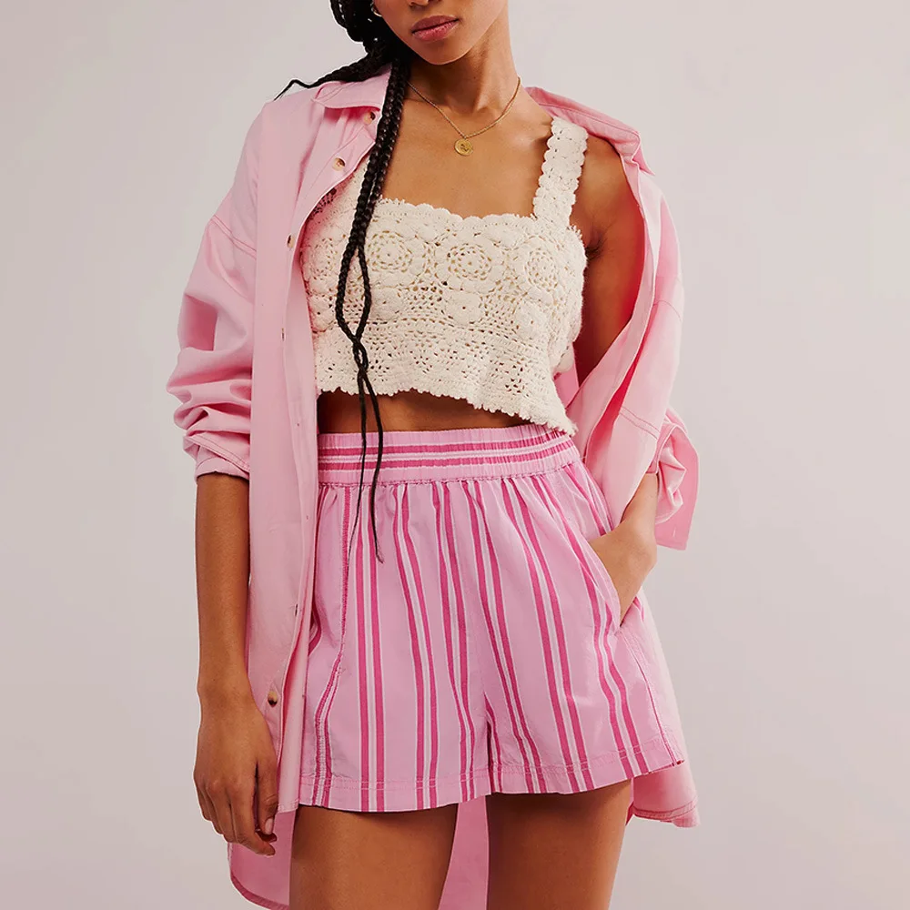 Summer Striped Beach Casual Shorts Women Elastic High Waist Loose Short Pants Pockets Lady Fashion Streetwear Shorts For Girls