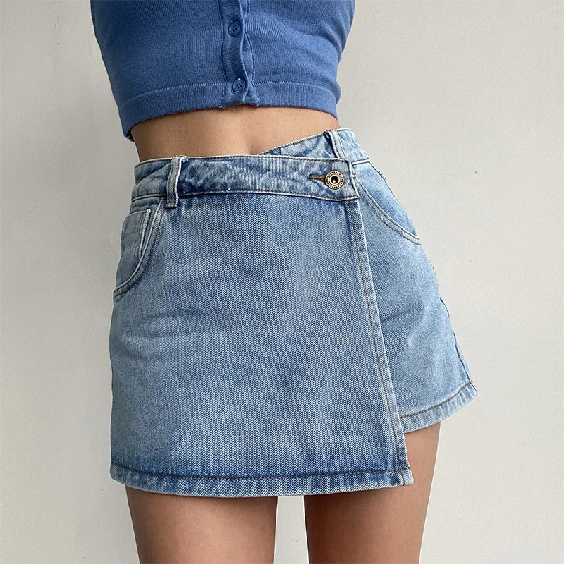2026 Summer Women High Waist A-line Shorts Light Color Fake Two-piece Design Elegant Slimming Hot Girl Pants Denim Short Skirt