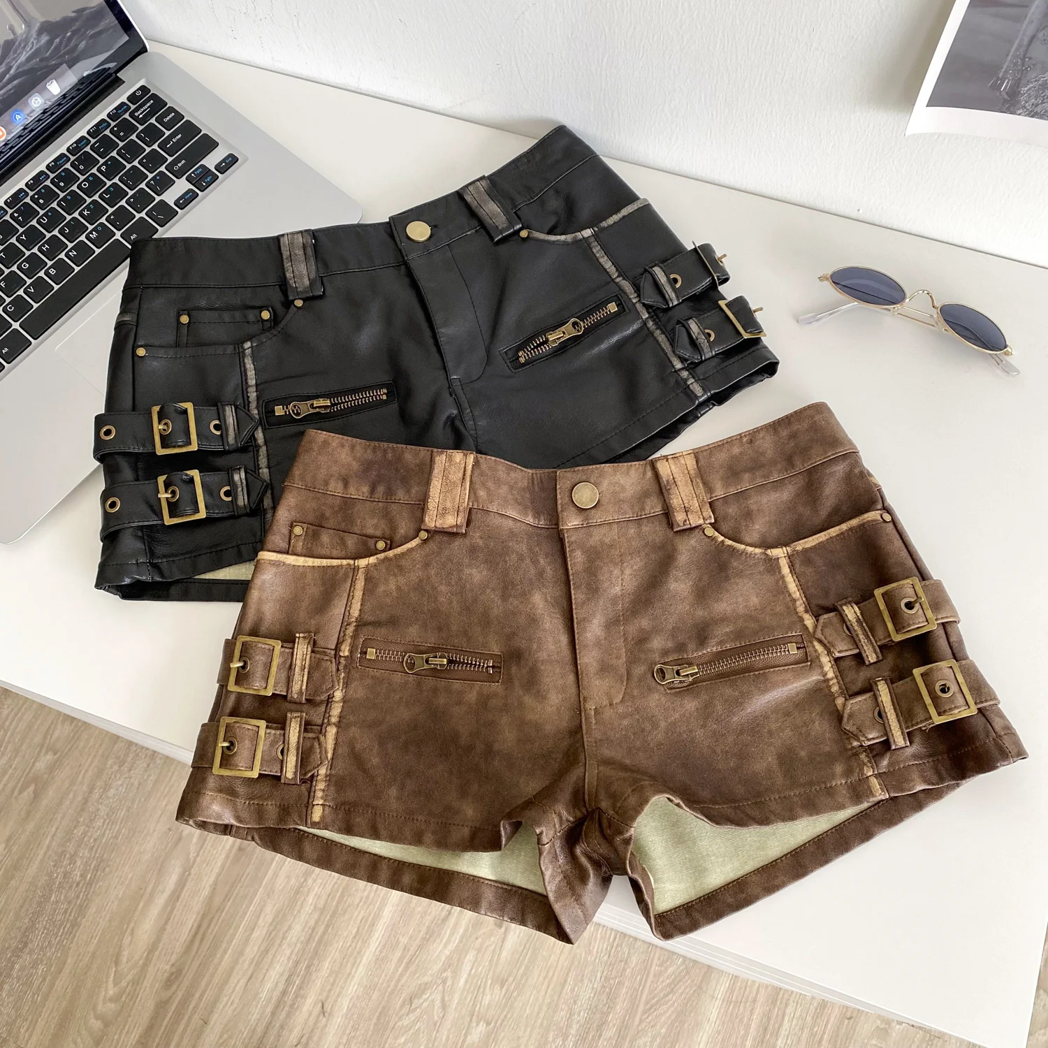 SINGREINY Hot Girl PU Leathers Shorts High Waist Buckle Zipper Design Super Shorts 2025 Autumn Ladies Vintage Streetwear Shorts