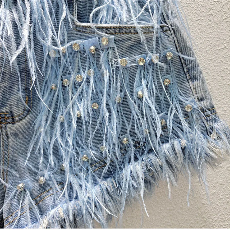 Summer Street Hot Girls Short Jeans Female Chic Feather Diamond Denim Shorts Women Retro Washed Hot Pants Sexy Night Club Shorts