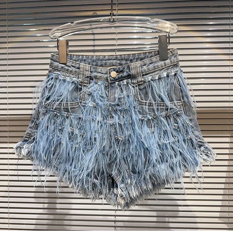 Summer Street Hot Girls Short Jeans Female Chic Feather Diamond Denim Shorts Women Retro Washed Hot Pants Sexy Night Club Shorts