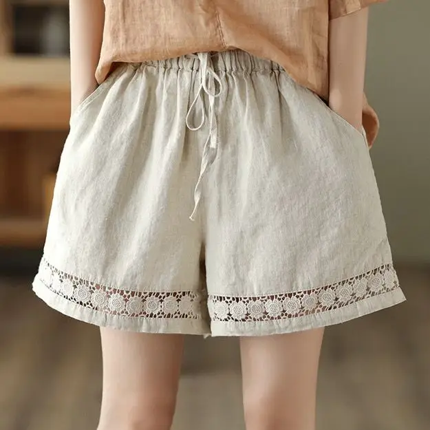 Casual Solid Linen Cotton Lace Floral Summer Short Pants Loose Elastic Waist Boho Beach Wear Shorts for Women Bottom