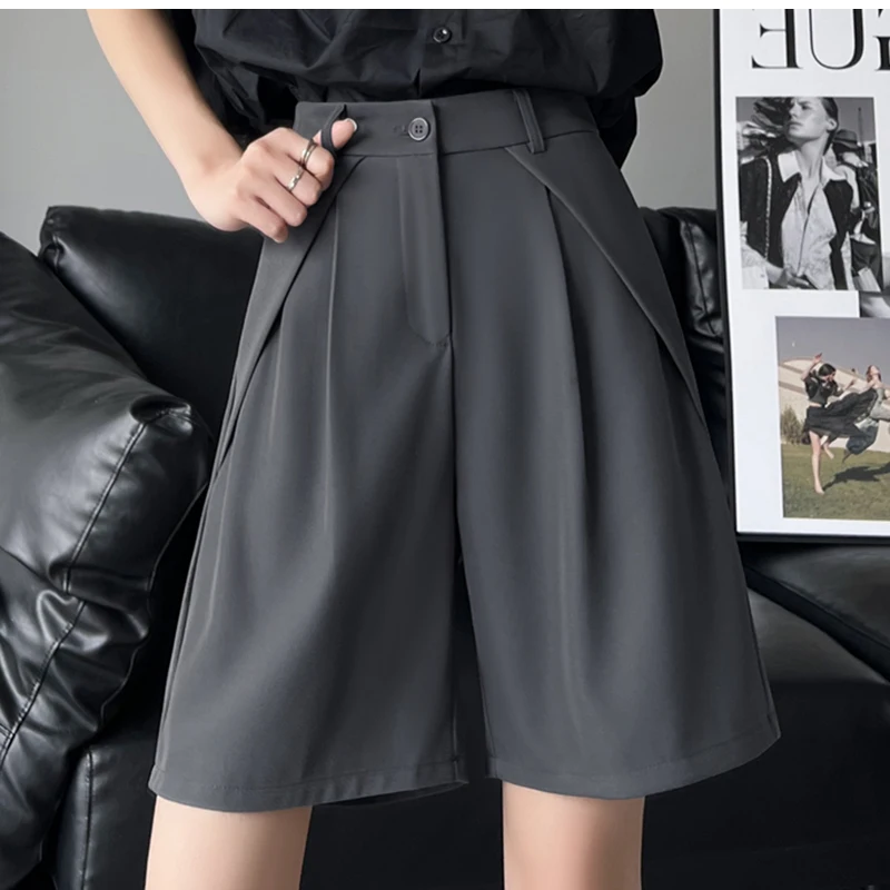 QOERLIN S-4XL Half Shorts Women Bermuda Suit Shorts Elegant Loose Casual High Waist Wide Leg Elastic Waist Black Shorts Summer