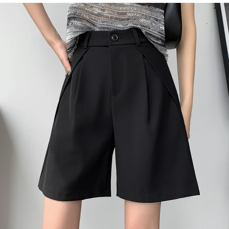 QOERLIN S-4XL Half Shorts Women Bermuda Suit Shorts Elegant Loose Casual High Waist Wide Leg Elastic Waist Black Shorts Summer