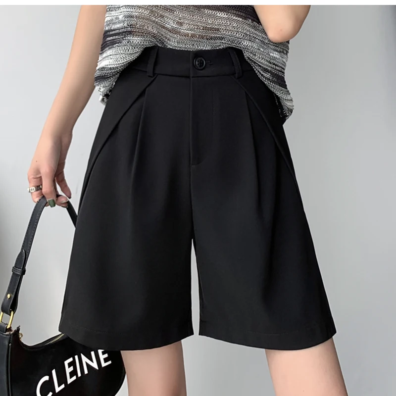 QOERLIN S-4XL Half Shorts Women Bermuda Suit Shorts Elegant Loose Casual High Waist Wide Leg Elastic Waist Black Shorts Summer