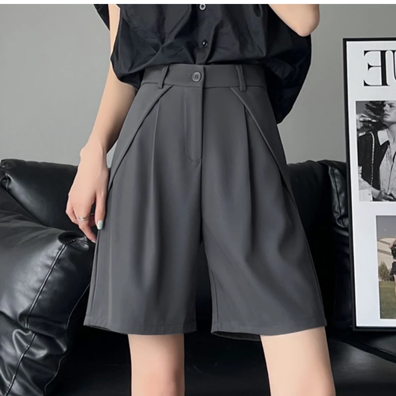 QOERLIN S-4XL Half Shorts Women Bermuda Suit Shorts Elegant Loose Casual High Waist Wide Leg Elastic Waist Black Shorts Summer