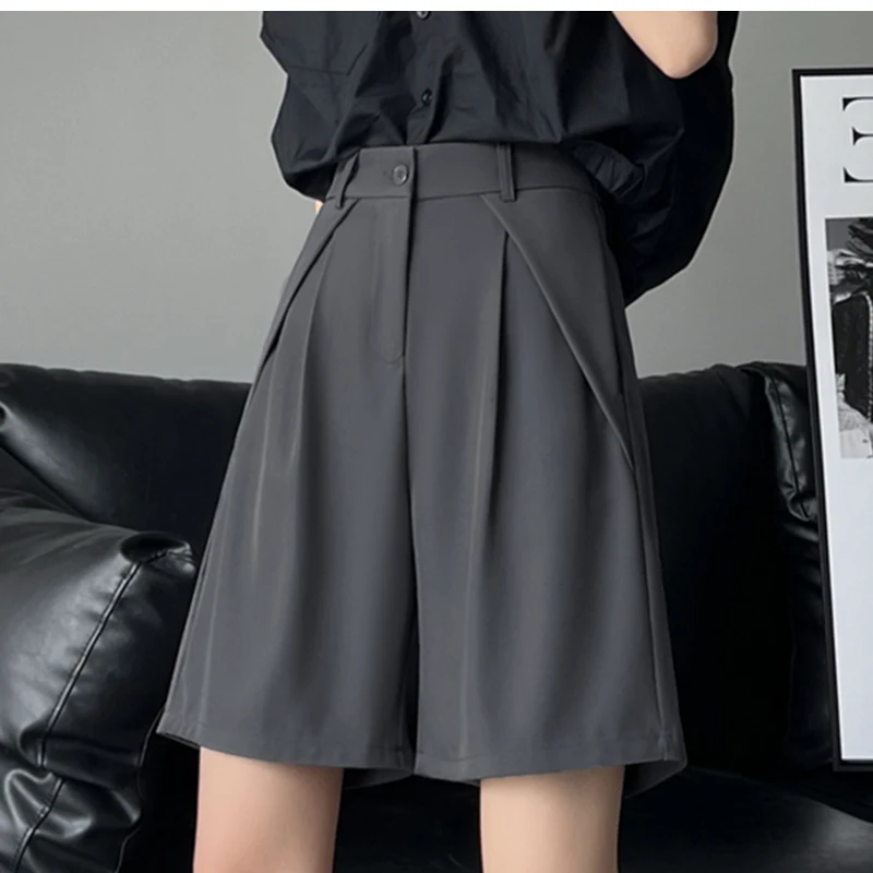 QOERLIN S-4XL Half Shorts Women Bermuda Suit Shorts Elegant Loose Casual High Waist Wide Leg Elastic Waist Black Shorts Summer