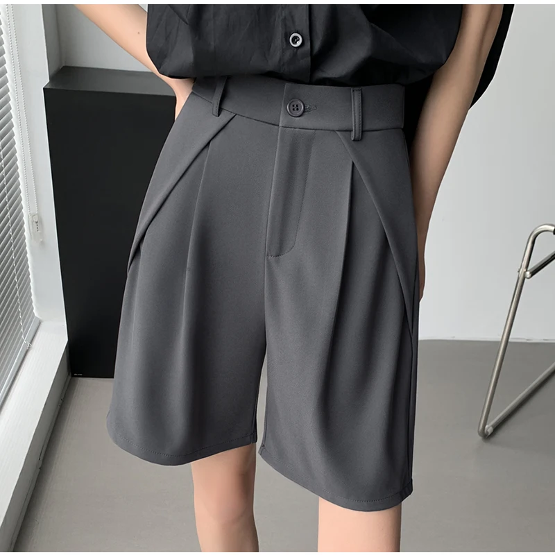 QOERLIN S-4XL Half Shorts Women Bermuda Suit Shorts Elegant Loose Casual High Waist Wide Leg Elastic Waist Black Shorts Summer