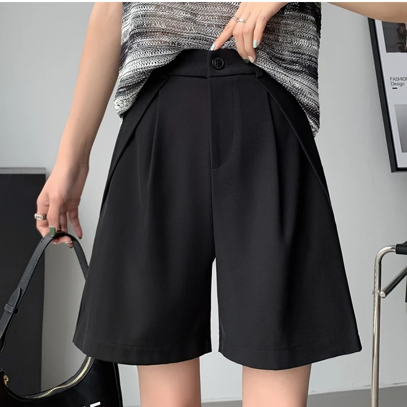 QOERLIN S-4XL Half Shorts Women Bermuda Suit Shorts Elegant Loose Casual High Waist Wide Leg Elastic Waist Black Shorts Summer
