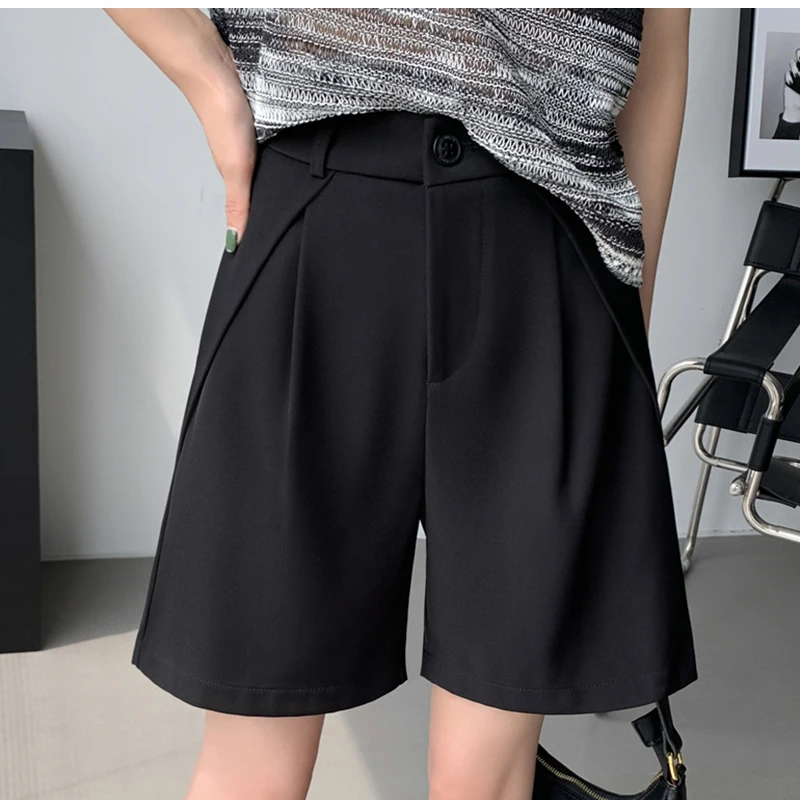 QOERLIN S-4XL Half Shorts Women Bermuda Suit Shorts Elegant Loose Casual High Waist Wide Leg Elastic Waist Black Shorts Summer