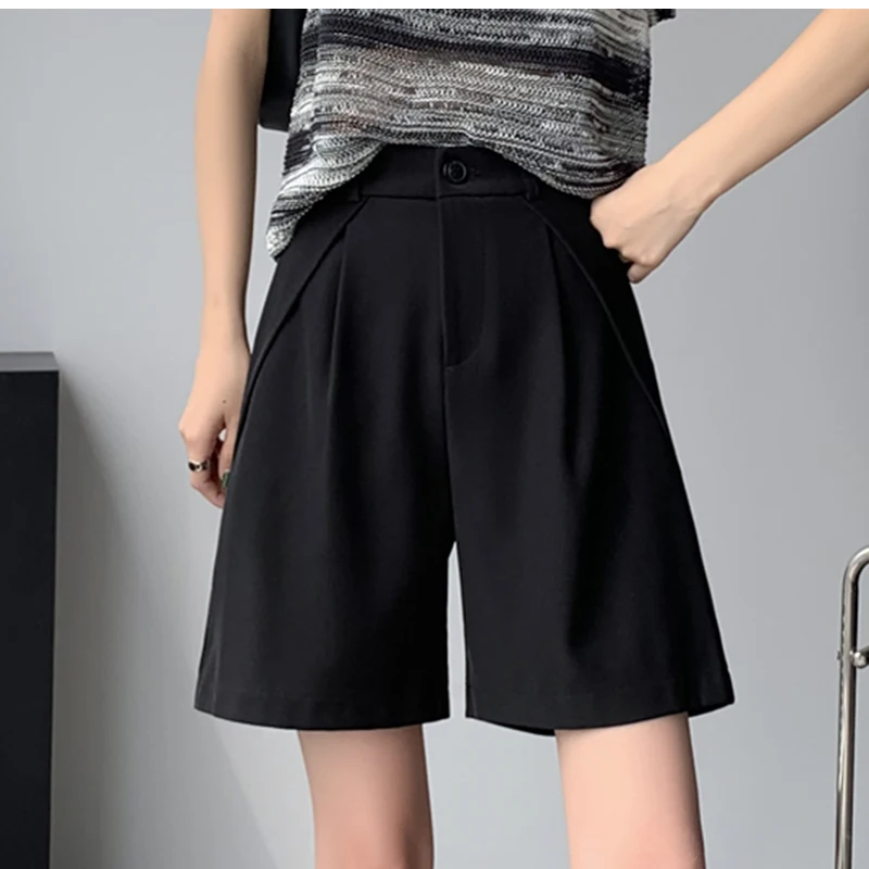 QOERLIN S-4XL Half Shorts Women Bermuda Suit Shorts Elegant Loose Casual High Waist Wide Leg Elastic Waist Black Shorts Summer