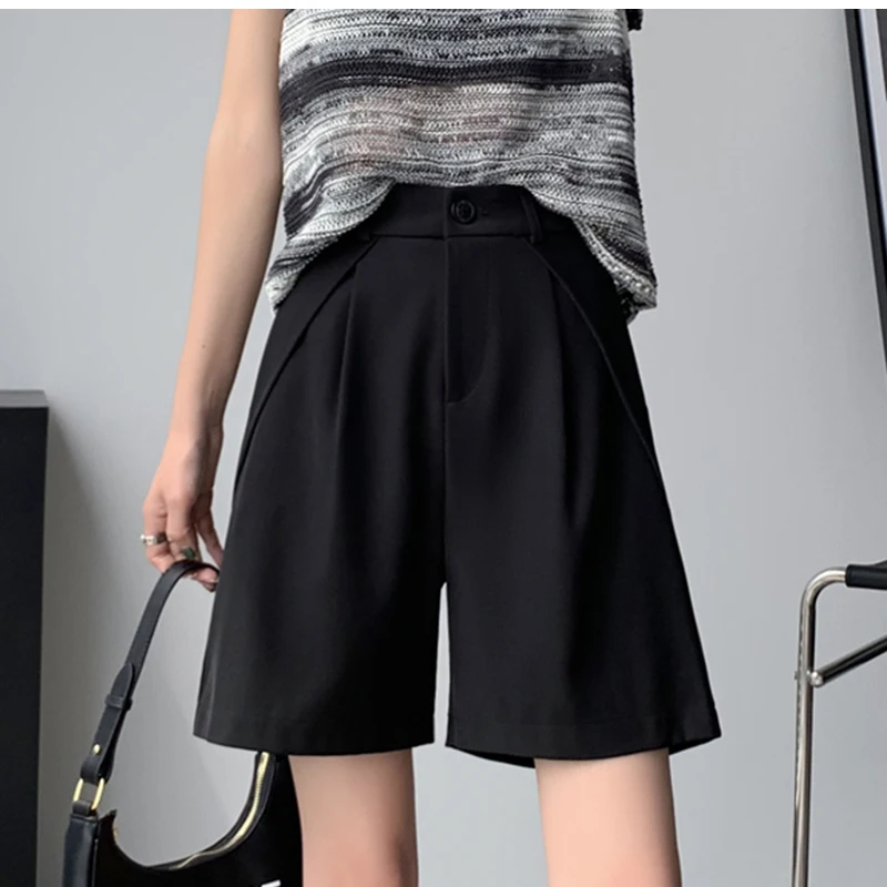QOERLIN S-4XL Half Shorts Women Bermuda Suit Shorts Elegant Loose Casual High Waist Wide Leg Elastic Waist Black Shorts Summer